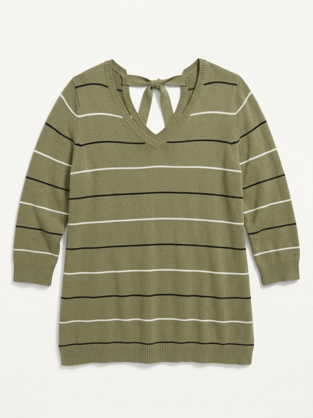 Talbots Olive Striped V-Neck Tie-Back Sweater